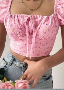 Coquette Girly Tie Up Floral Pink Crop Top