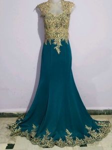 Y2k Vintage Teal & Gold Embellished Formal Gown