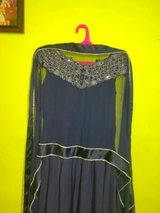 Navy Blue Stone And Zari Work Midi With Dupatta