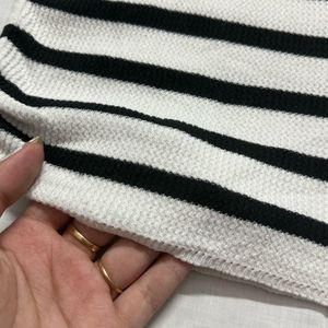 Black &amp; White Striped Knit Top with side drawstrin