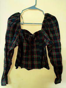 Navy Blue And Green Checkered Cotton Cop Top