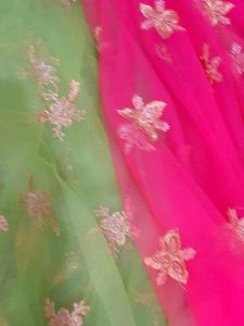 Ethnic Pink And Green Net Saree