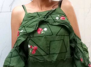 Green Floral Cold Shoulder Top