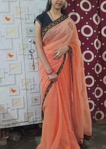 Elegant Peach Saree with Blue Velvet lace Border