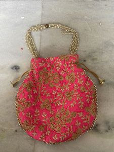 Pink Embroidered Potli Pouch