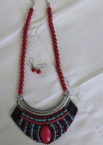 Turquoise With Red Neckpiece N Earrings