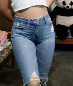 Blue Denim Skinny Fit Highwaisted Ribbed Jeans  Size 26-28waist