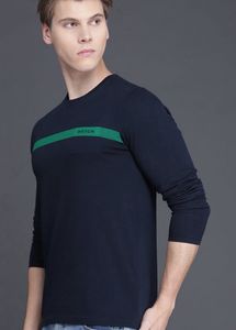 WROGN Men Navy Blue Striped Round Neck PureCotton