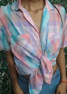 Pastel Plaid Tie-Front Top
