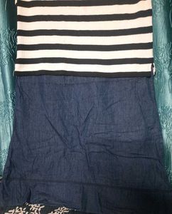 Denim Dress With Black And White Stripes