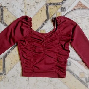 Full Sleeves Maroon Ruched Crop Top
