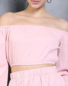 Off-Shoulder Textured Peach Crop Top with Skirt