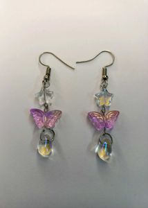 🦋 Handmade Pink Butterfly Crystal Drop Earrings ✨