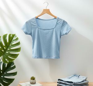 Blue Square ribbed Neck Crop Top