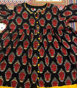 Handblock-Style Ethnic Black Kurta Tribal Face