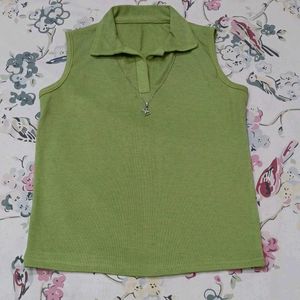 Green Sleeveless Polo Top