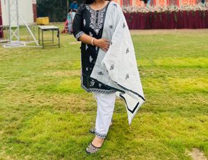 Black &amp; White Embroidered Kurti Set