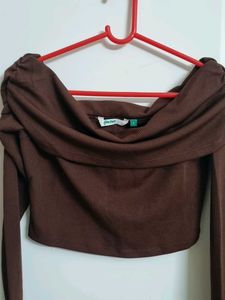 Brown Off-Shoulder Long Sleeve Top