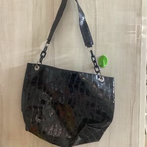 Black Croc Embossed Chain Shoulder Bag