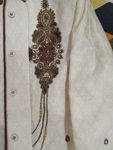OFF WHITE GROOM SHERWANI WITH MAROON PAJAMA SET
