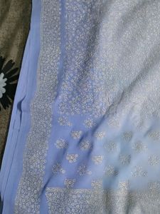 Sky Blue Ombre Shaded Rubber Print Saree With Fall