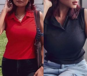 Sleeveless Polo Top Combo - Red and Black