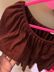 Brown off-shoulder ruffle top