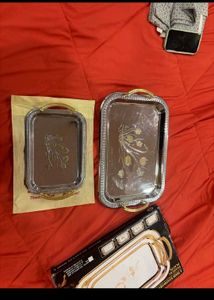 3 Steel Serving Tray With Golden Flower 🌼 Design