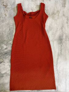 Orange Ribbed Bow-Front Bodycon Dress