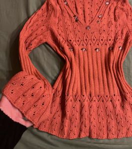 Y2K Coral Knit Top with Embellishments