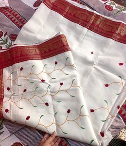 Elegant White &amp; Red Embroidered Saree
