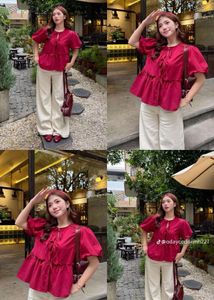 Red Tie Top with Puff Sleeves