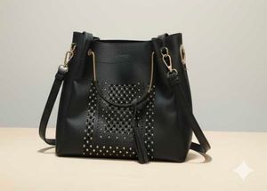 Elegant Black Studded Handbag with Pouch – Stylish