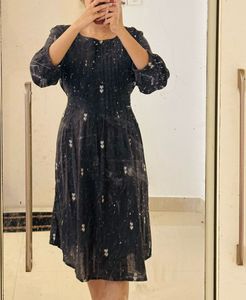 Black  A-Line Dress with Tie-Up (Free Size)