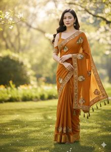 Orange Embroidered Saree &amp; Blouse