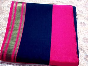 Embroidered Navy Saree with Pink Border