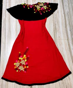 Red Long Frock With Woolen Embroidery