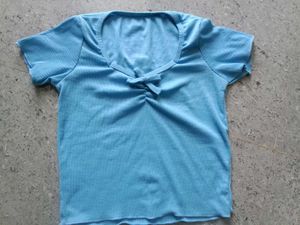 Blue Ribbed Tie-Front Top