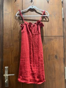 Koovs Red Ribbed Bodycon Dress with Ruffle Neck –