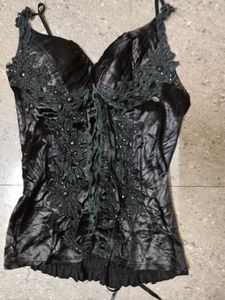 Black lace and stone detail satin cami top