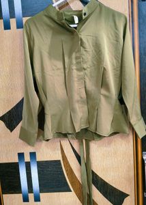 Olive Green Shirt With Tie Know Cut Back