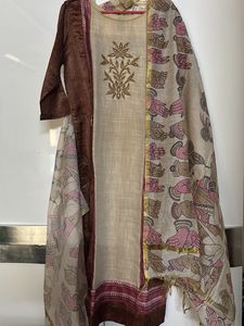 Brown Embroidered Kurta set with madhubani dupatta