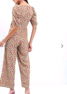 Beige Jumpsuit With Pink Podka Dots.