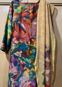 Colorful Abstract Printed Suit with Beige Dupatta