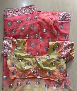 Pink &amp; Gold/ Off White Sequin Embellished Saree