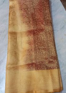 Golden Zari Knitting Work On Brown Base saree