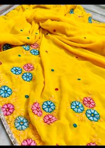 Yellow Floral Embroidered Saree