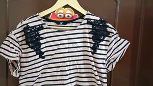 Cream And Black Embroidered T Shirt