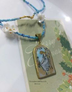 Angel By The Window Clay Pendant Blue Necklace