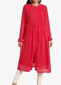 Pink Poly Chiffon Self Design Frontslit Kurta
